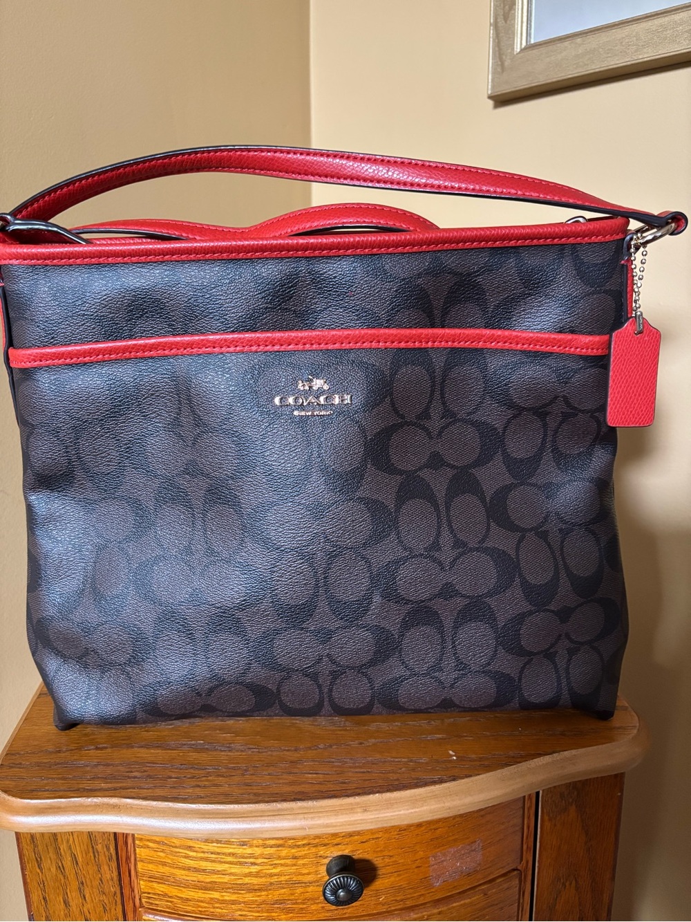 Coach Dark Brown Signature Canvas Shoulder Bag with Dark Orange Trim